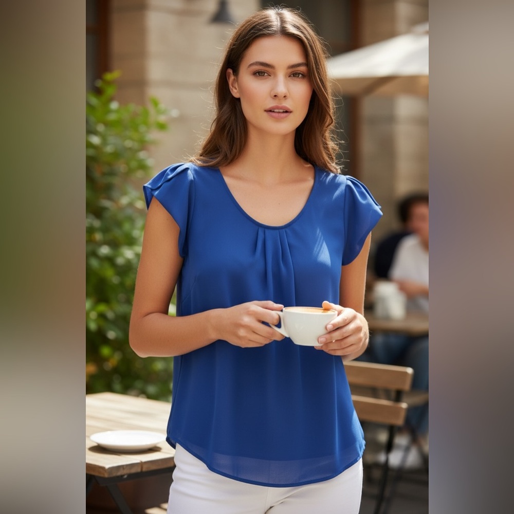 Royal Blue Cap Sleeve Pleated Front Blouse Women’s Size L